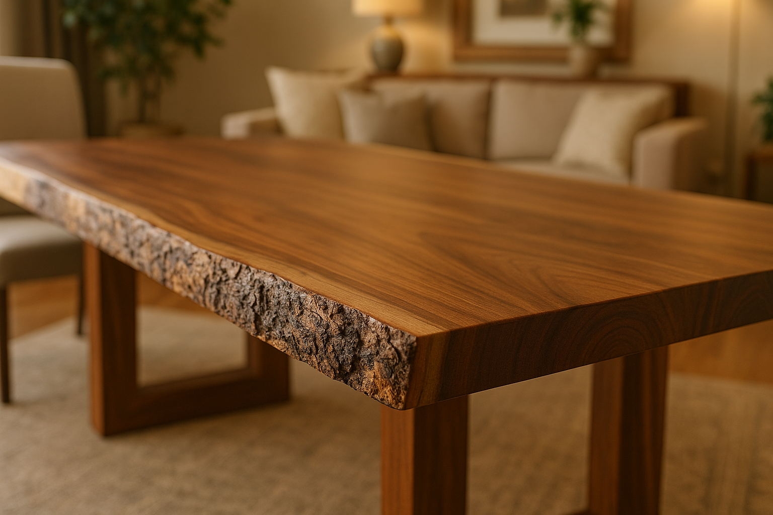 Detalle de corteza natural en mesa de parota auténtica