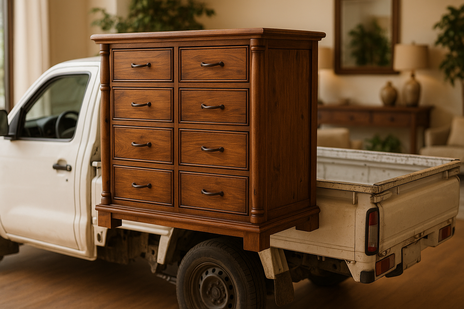 Camioneta de flete cargando mueble en Ocotlán