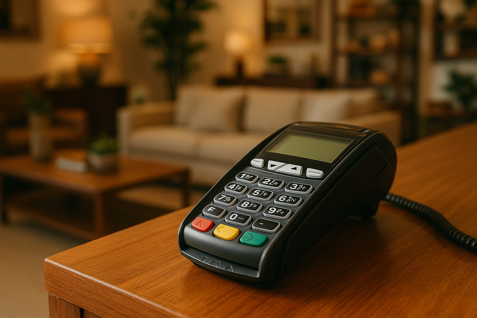 Terminal de pago con tarjeta en mostrador de mueblería