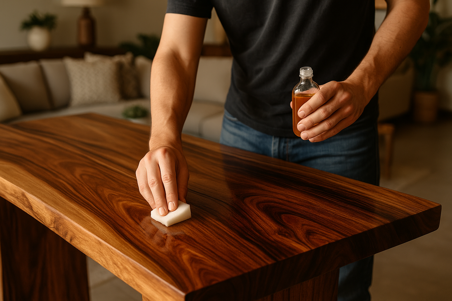 Persona aplicando aceite a mesa de madera de parota